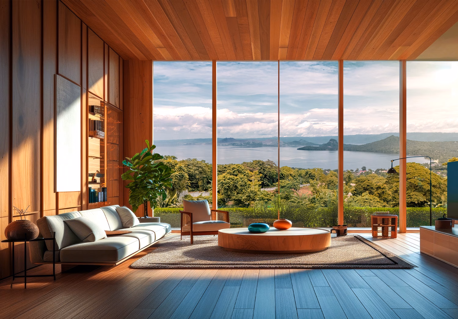 Residential Living graphic image of park space with tree and view or taal lake and taal volcano